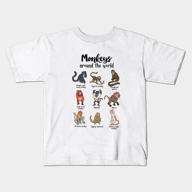 Monkeys of the world - Types of Monkeys Kids T-Shirt by Modern Medieval Design